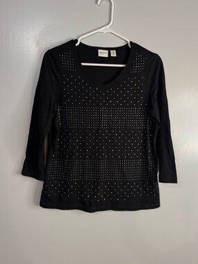 Zenergy by Chico's Black V-Neck Long Sleeve Top with Silver Rhinestones Size 1